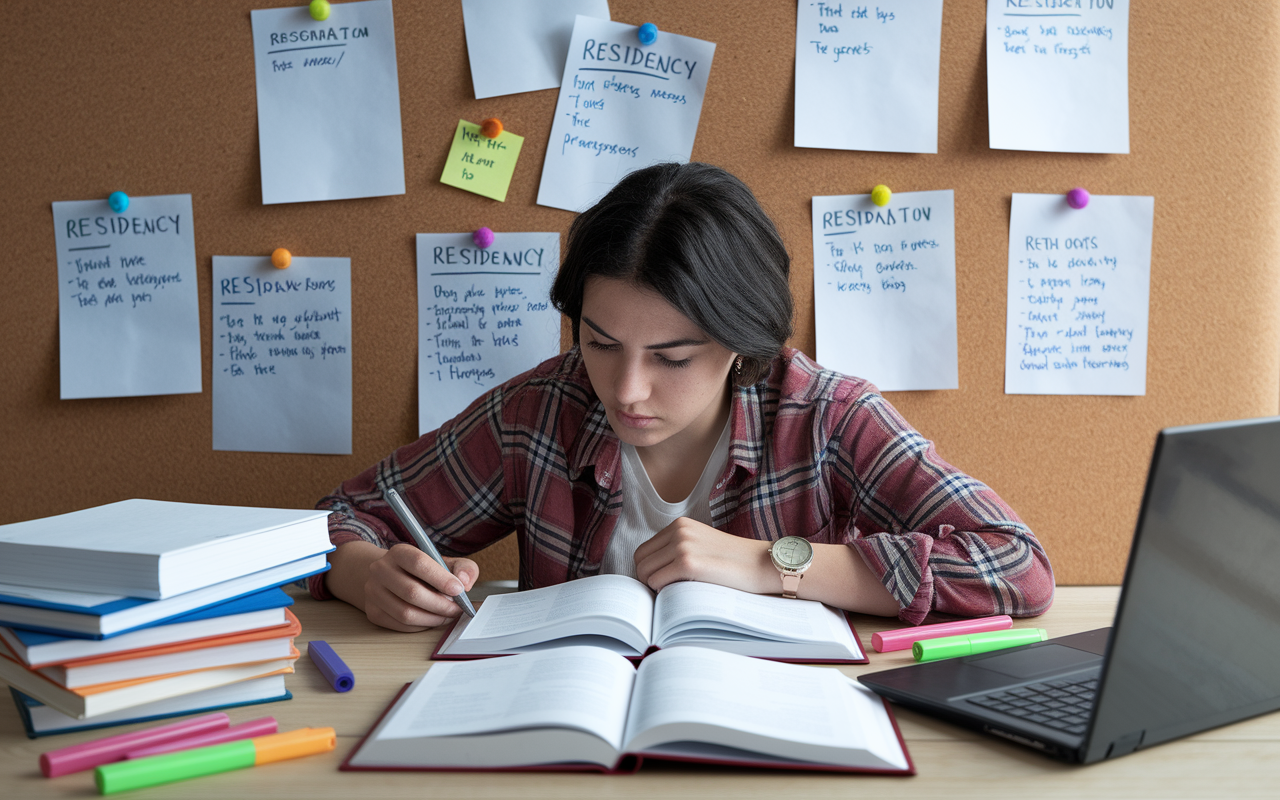 A scene depicting a determined student surrounded by open books and a laptop, deeply engrossed in researching different residency programs. Various application requirements are pinned on a corkboard, and colorful markers are scattered around, showcasing notes and reminders about specific program details. Soft light floods the study area, illustrating focus and effort.