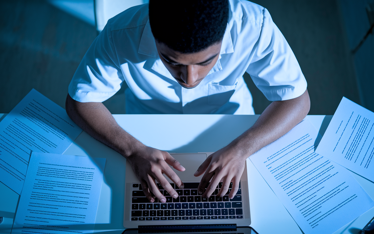 An intense portrait of a medical student typing their personal statement on a laptop, with a look of concentration. Papers are strewn on the desk, featuring drafts filled with personal anecdotes and illustrations of their journey in medicine. The atmosphere is charged with creativity and urgency, illuminated by overhead soft white lighting contrasted with shadows.