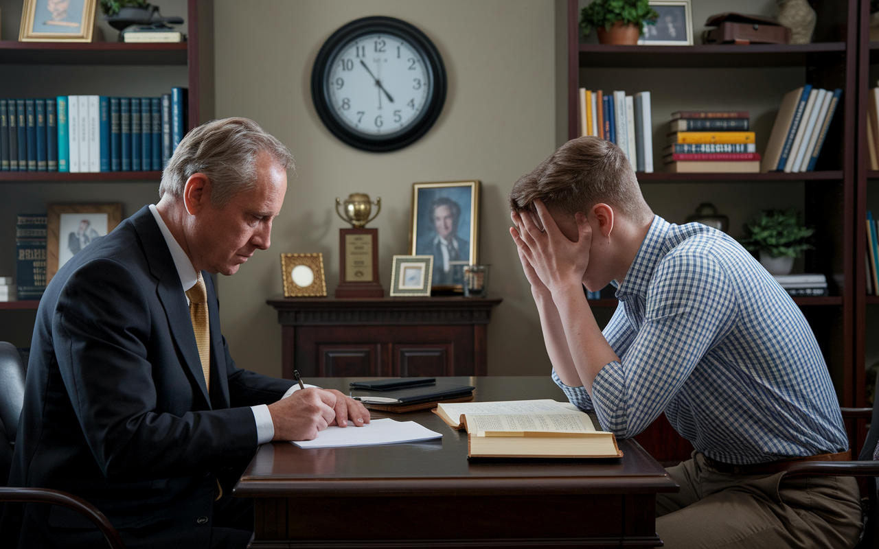 A dramatic scene showing a student anxiously waiting for their mentor to finish writing a letter of recommendation. The setting is an office filled with books, personal awards, and a serene atmosphere, highlighting the importance of strong, personalized recommendations. A clock on the wall illustrates the passage of time, heightening the moment's tension.