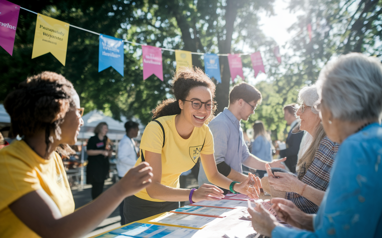 A vibrant scene showcasing a student passionately engaged in a volunteer activity at a community health fair, interacting with attendees. The atmosphere is lively and warm, decorated with banners promoting health awareness, and the sunlight streams down, symbolizing compassion and commitment to the community.