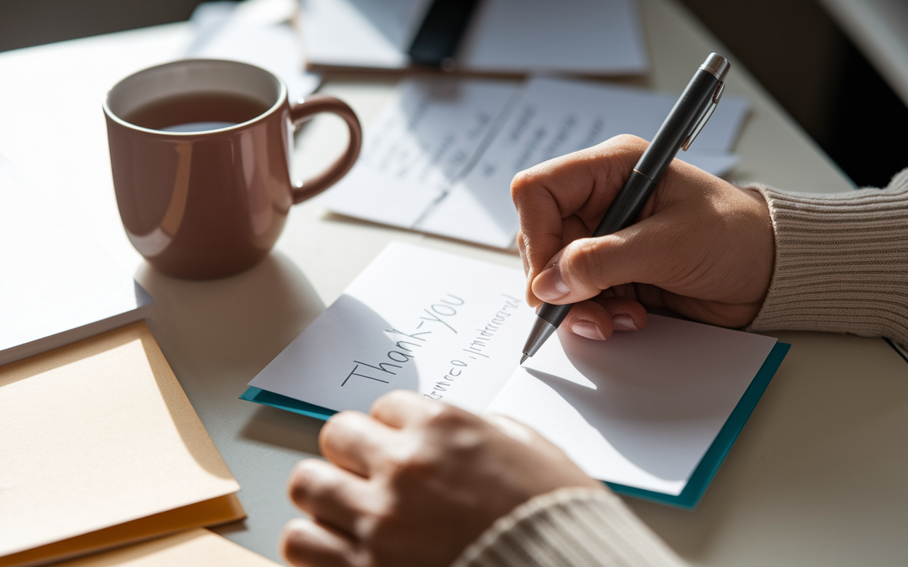 A focused scene of a student writing thoughtful thank-you notes after residency interviews. The lighting is warm and inviting, with a mug of tea beside them, symbolizing the comfort of reflection and appreciation. The background shows a collection of interview notes, creating an atmosphere of professionalism and gratitude.