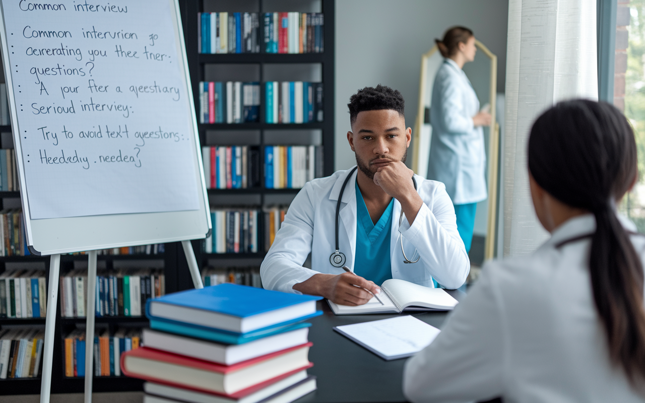 A scene of a medical student practicing for residency interviews in front of a mirror, deep in concentration. The room is filled with medical books, and a friend off-screen is conducting a mock interview. A whiteboard nearby is covered with common interview questions, illustrating the seriousness and preparation needed for success.