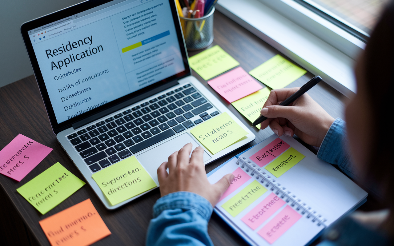 An overhead view of a desk with a laptop open to a webpage showing a residency application guideline. Beside the laptop, there are colorful sticky notes with reminders on deadlines and requirements. A focused applicant takes notes, highlighting parts of the instructions, symbolizing the importance of following directions. Soft, natural light from a window creates an encouraging atmosphere for diligent work.