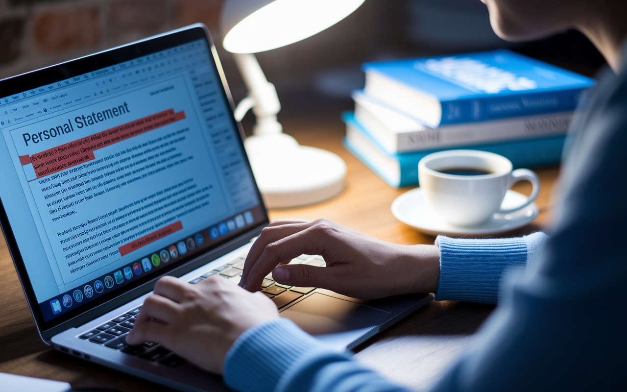 A close-up of a thoughtful medical applicant typing on a laptop, with a cup of coffee beside them and medical books in the background. The screen displays a draft of a personal statement filled with highlighted sections and notes. The atmosphere is creative and focused, illuminated by warm desk lamp light, emphasizing the importance of individuality in each application.