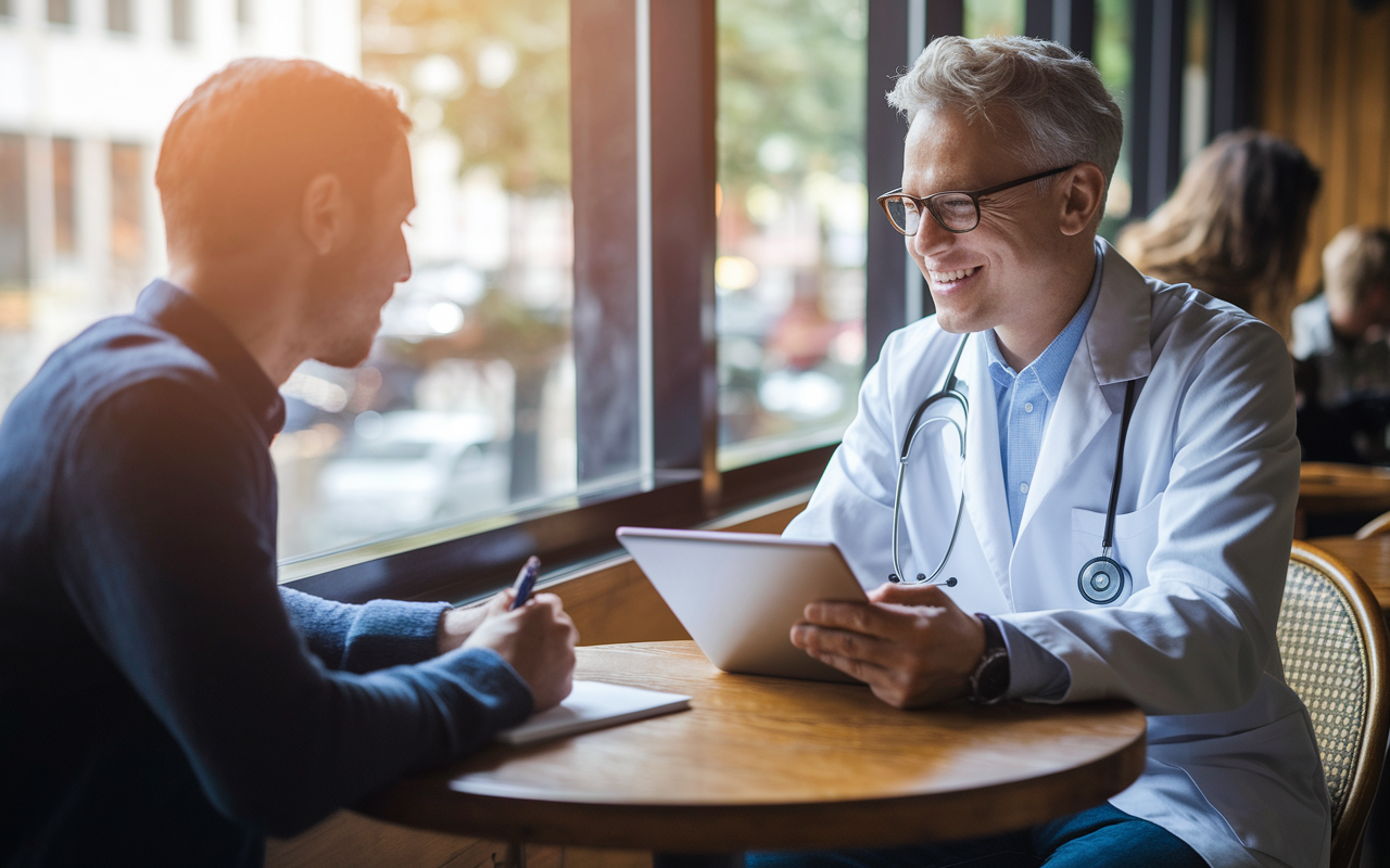 An applicant meeting with a mentor in a cozy café, discussing their residency application. The mentor, an experienced physician, is reviewing the applicant's CV on a tablet while the applicant listens intently, taking notes. The warm hues from the sunlight filtering through the café window symbolizes friendly guidance and support in the application process.