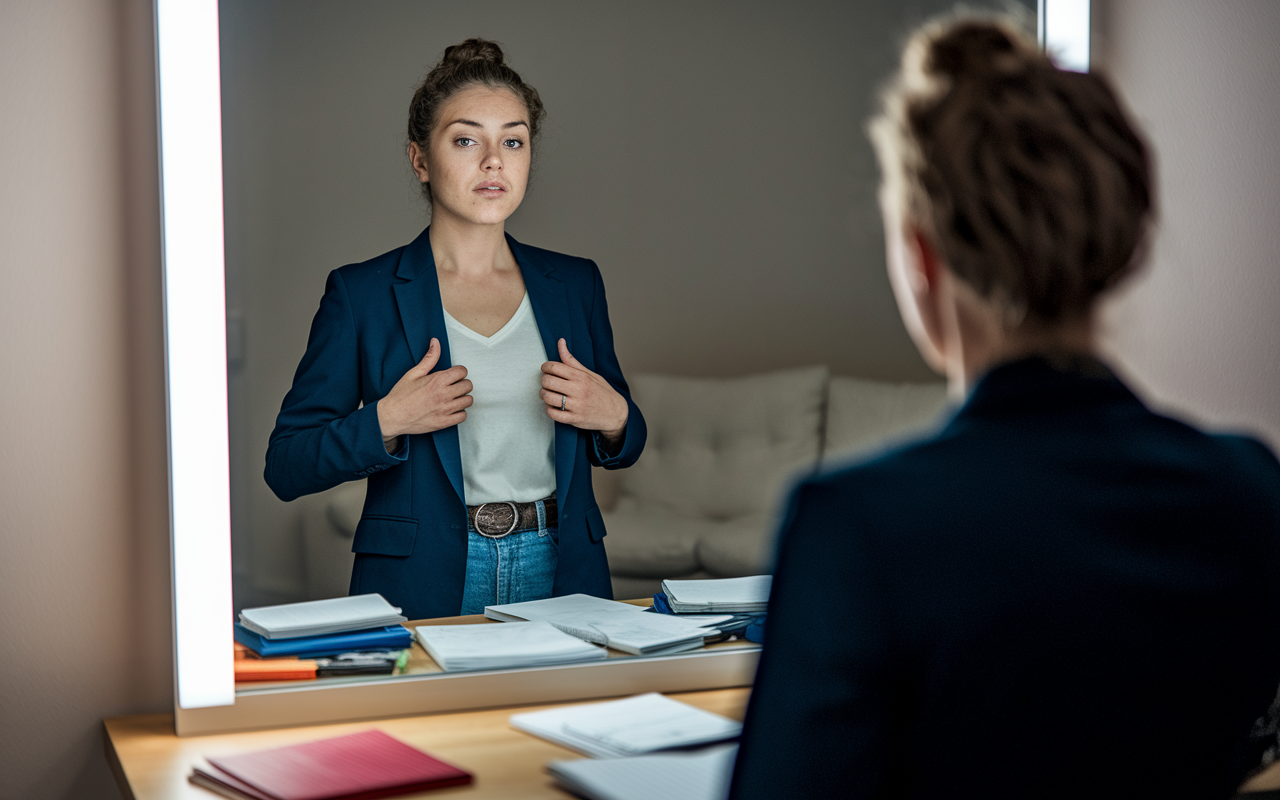 A medical applicant standing in front of a mirror, practicing for an upcoming residency interview. The room is softly lit, creating an intimate atmosphere as they adjust their blazer and rehearse answers to common questions. A table in the background is cluttered with notes and practice questions, signifying diligent preparation and effort.