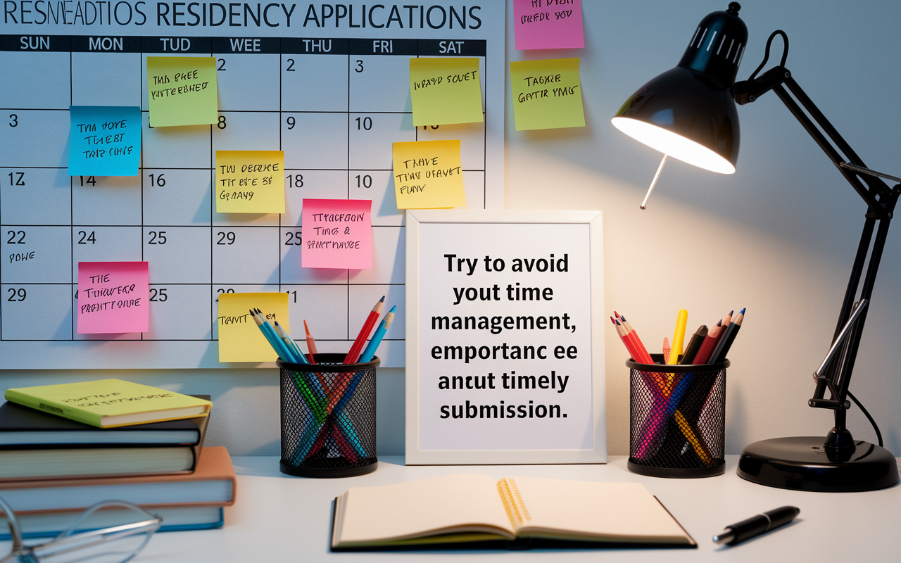 An organized workspace featuring a wall calendar filled with deadlines for various residency applications. Sticky notes show tasks completed and pending. The scene is bright and inviting, with a desk lamp illuminating a motivational quote about time management, emphasizing the importance of planning and timely submission.