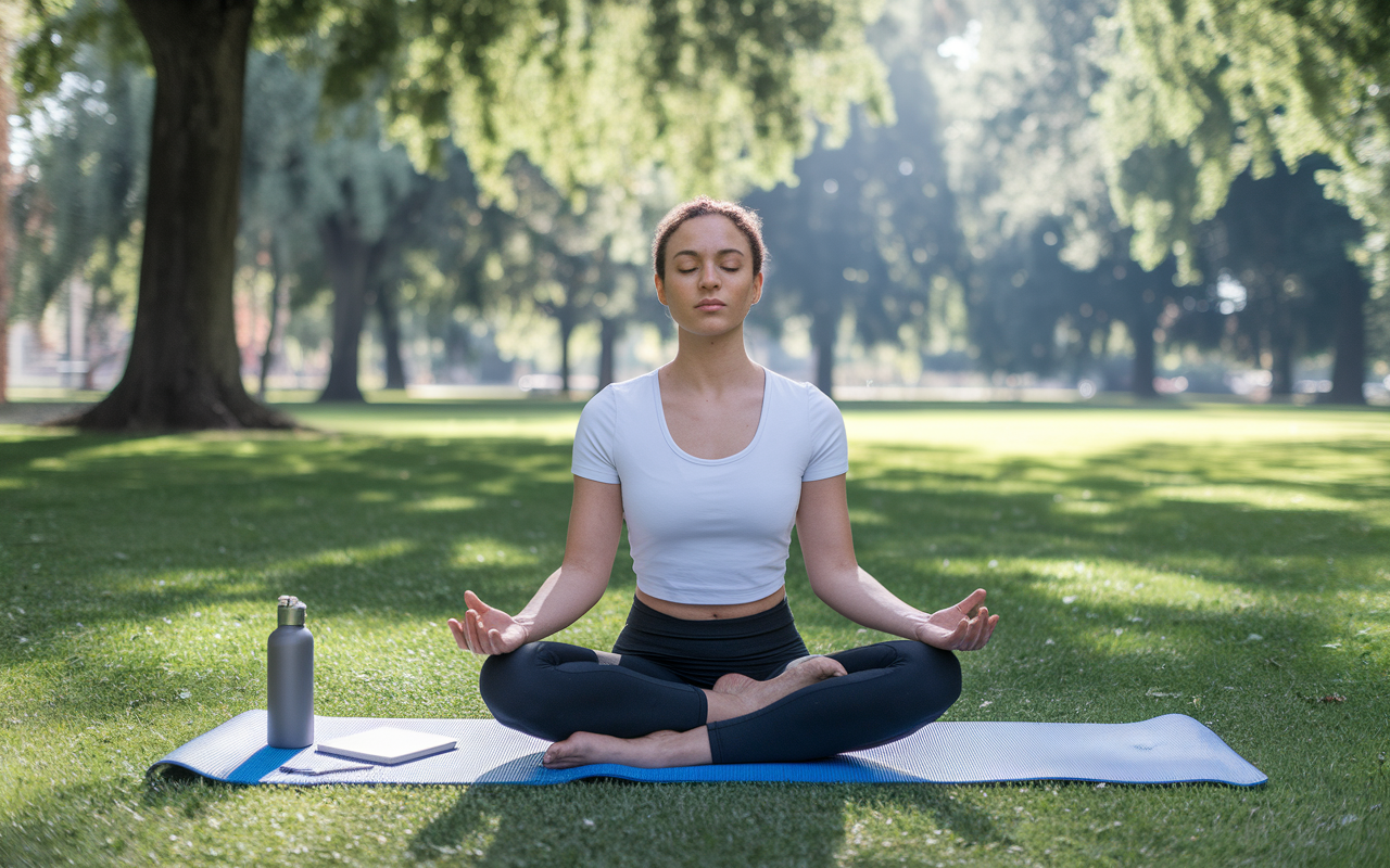 A weary medical applicant practicing yoga in a serene park, surrounded by trees and soft natural light. They are taking a moment for self-care amidst the stressful residency application process. A yoga mat with a water bottle and a notebook for journaling symbolizes balance and mindfulness, conveying the importance of maintaining well-being during challenging times.