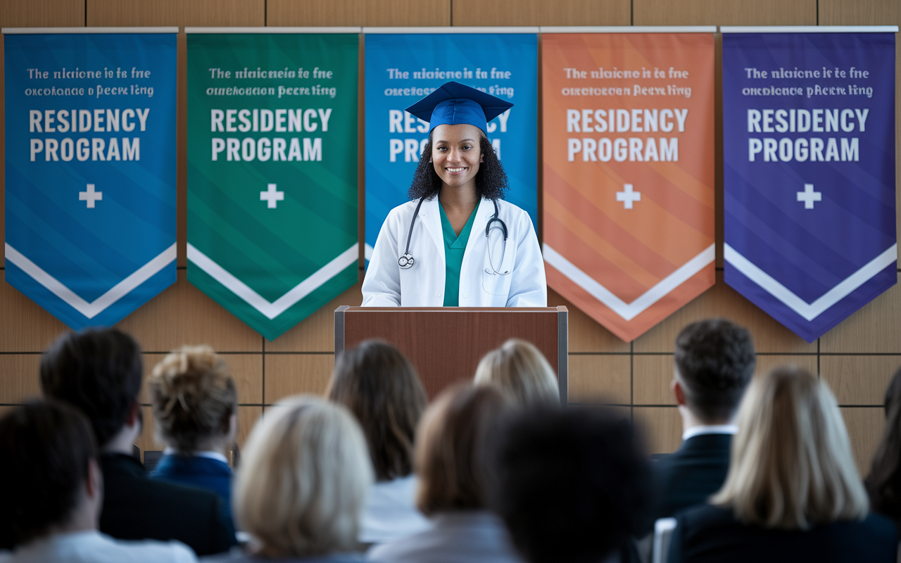 A confident medical graduate, poised at a podium during a residency interview day, with an audience of faculty and staff engaging with interest. The background features banners of the residency program, colorful and welcoming, symbolizing the culmination of the application process. The warm lights illuminate a feeling of accomplishment and hope for a bright medical career ahead.