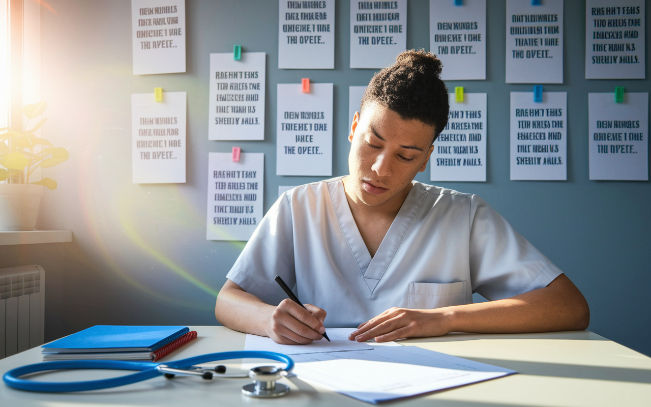 An image of a focused medical student scribbling notes while drafting a personal statement, surrounded by inspirational quotes pinned on a wall. Sunlight filters softly through a window, creating warm lighting that evokes hope. The space includes medical artifacts, like a stethoscope and notepads, highlighting a connection to their medical journey.