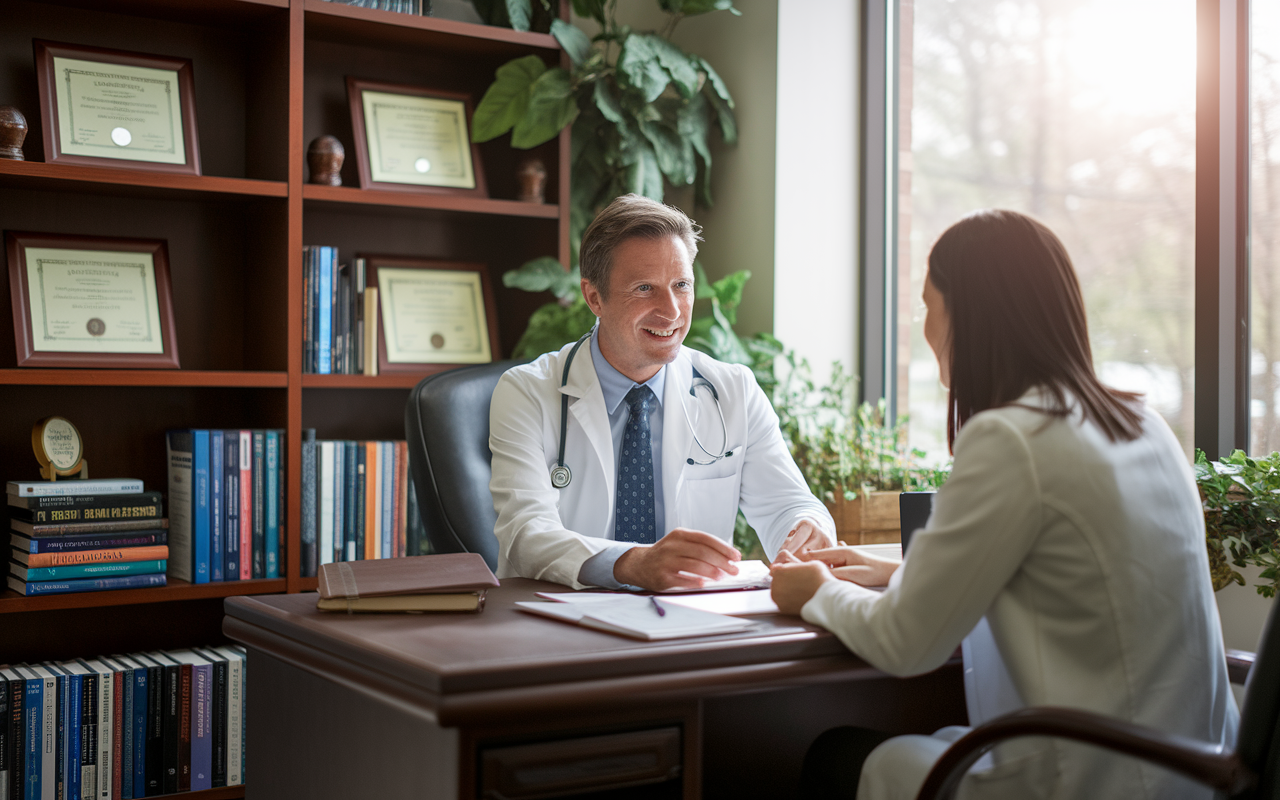 A scene showing a medical student meeting with a mentor in a cozy office, discussing the contents of a letter of recommendation. Natural light from a nearby window emphasizes a warm, encouraging atmosphere. A bookshelf filled with medical texts and framed certificates indicates an academic environment dedicated to mentorship.