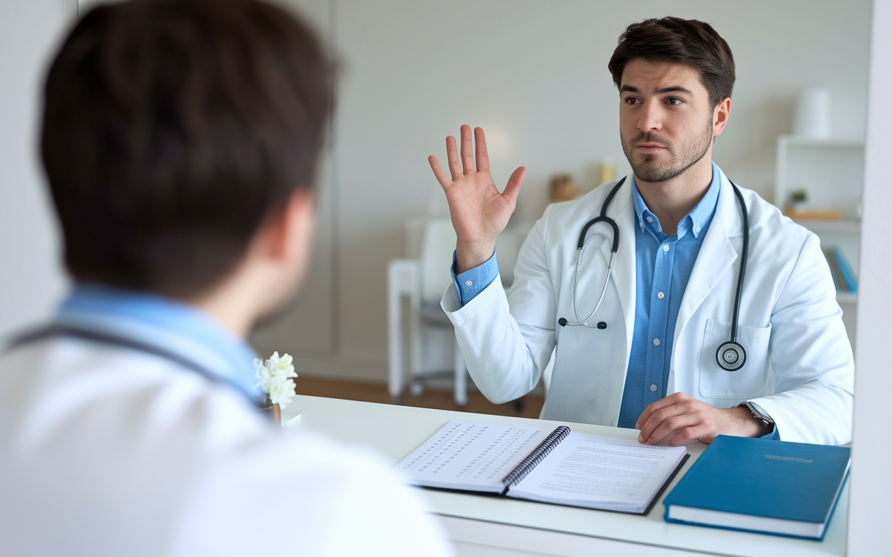 A medical student rehearsing for an interview in front of a mirror, displaying a look of confidence and determination. The room is well-lit, emphasizing the student's focus and commitment. Visual aids like a checklist of common interview questions and a medical textbook are nearby, depicting thorough preparation.