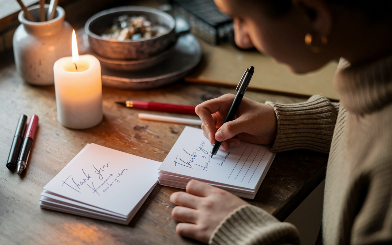 An image of a student thoughtfully writing personalized thank-you notes after an interview, surrounded by a warm and inviting workspace. A candle flickers, casting a soft glow. A small stack of thank-you cards, each addressed individually, reflects attention to detail and gratitude.