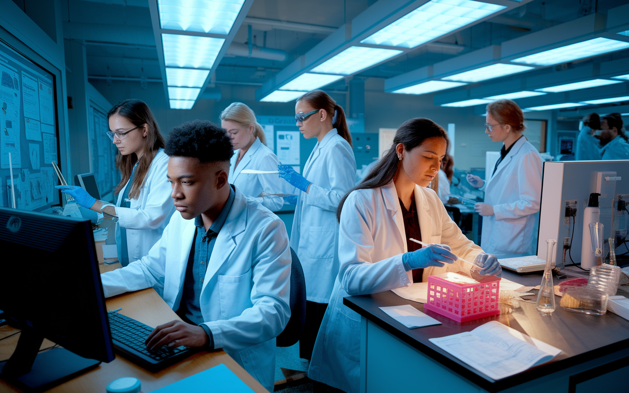 A dynamic scene in a busy hospital research lab, showcasing a diverse group of medical students and professionals working together. A young Black male in a lab coat is analyzing data on a computer, while a Hispanic female is conducting an experiment at a nearby bench. The room is filled with scientific posters, lab equipment, and medical texts, illuminated by bright overhead lights, creating an atmosphere of collaboration and innovation. The focus is on teamwork and the pursuit of knowledge.