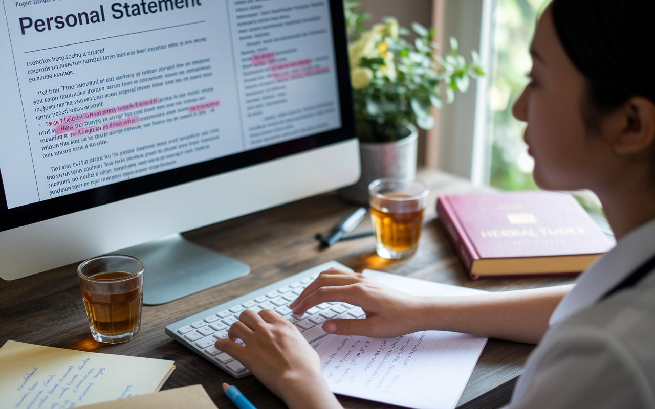 A close-up view of a computer screen displaying a personal statement document with highlighted sections and notes. In the foreground, a young Asian female medical student is thoughtfully typing, surrounded by a cup of herbal tea, an inspiring book, and handwritten notes. The room is softly lit by natural light filtering through a window, evoking a calm, reflective atmosphere that underscores the importance of personal expression in the application process.