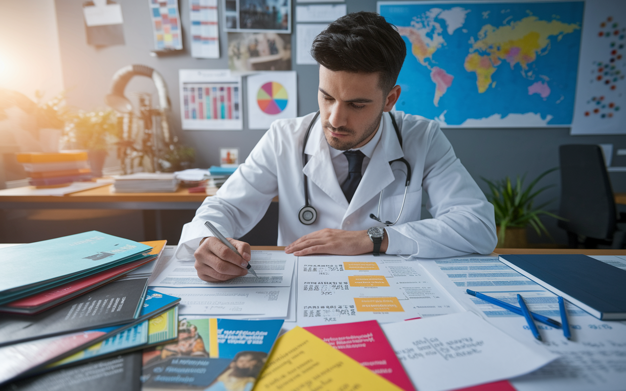 A focused medical student, a Middle-Eastern male, sitting at a desk littered with multiple program brochures, notes, and application materials. The atmosphere is busy and colorful, with charts and a world map of medical schools visible on the wall. He has a pen in hand, drawing connections between programs and his goals, emphasizing the meticulous approach of personalizing applications. The light from an afternoon sun casts a warm glow, portraying a sense of determination and strategic planning.