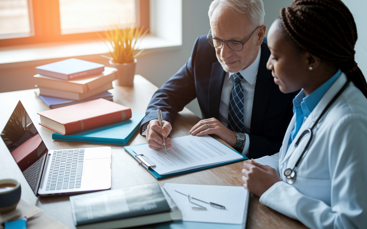 A collaborative scene in an office where a faculty member, an older Caucasian male, is discussing a letter of recommendation with a graduating medical student, a Black female. The desk is covered with medical books, a laptop displaying letter formats, and a cup of coffee. Warm light illuminates the scene, highlighting the mentorship and guidance, as they review notes and share thoughts, emphasizing the importance of effective communication and tailored support.