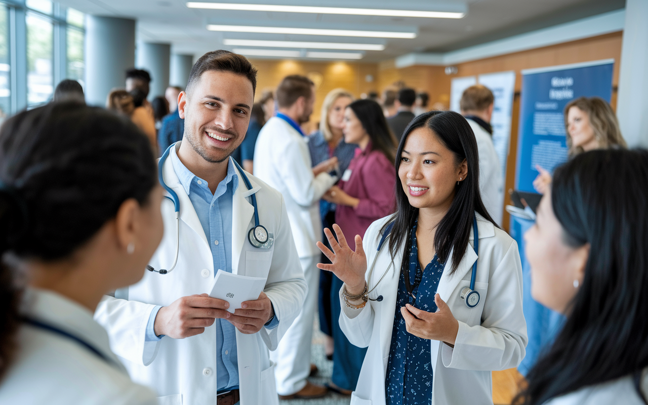 An interactive open house at a medical residency program where candidates, including a Hispanic male and a South Asian female, are engaging with faculty members and current residents. The atmosphere is welcoming, with informational displays on the walls, and oral discussions taking place. A diverse range of prospective applicants is shown, actively asking questions and gathering insights, showcasing the importance of finding the right program fit through dialogue and interaction.