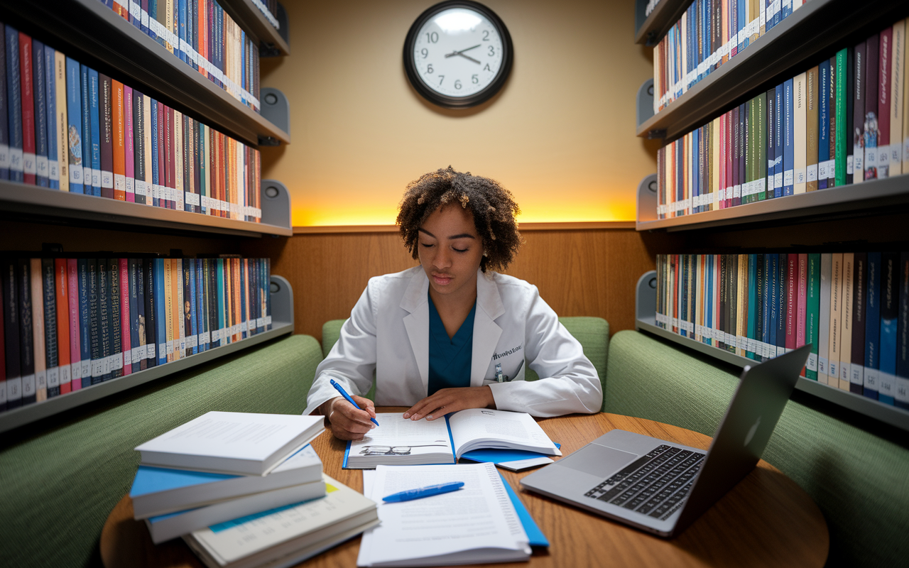 A medical student studying in a cozy corner of a library, surrounded by books about various residency programs. They are deeply focused on notes spread out before them, with highlighted passages and a laptop open to a program's website. The ambient light creates a warm and inviting atmosphere, emphasizing the importance of thorough research for applications. A wall clock in the background shows time ticking away.