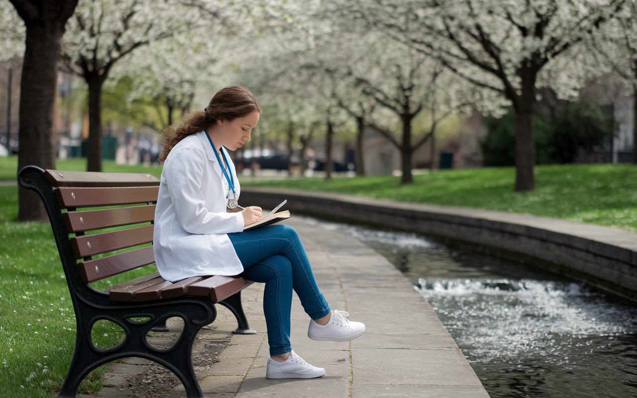 A soul-searching moment in a serene park where a medical student reflects on their journey, sitting on a bench with a journal in hand. Around them are blossoming trees and flowing water, creating a calm atmosphere. This scene emphasizes the importance of authenticity and self-discovery in crafting compelling applications.