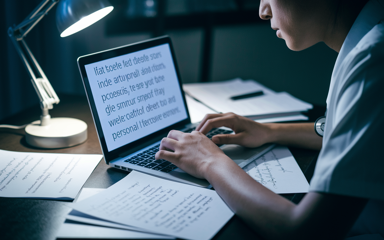 A close-up of a focused medical student typing fervently on a laptop in a dimly-lit room, reflecting on their personal experiences. Pages of handwritten notes litter the desk, showcasing their unique story ideas. A desk lamp casts a soft glow on the screen filled with keywords and drafts, emphasizing the significance of a well-crafted personal statement.