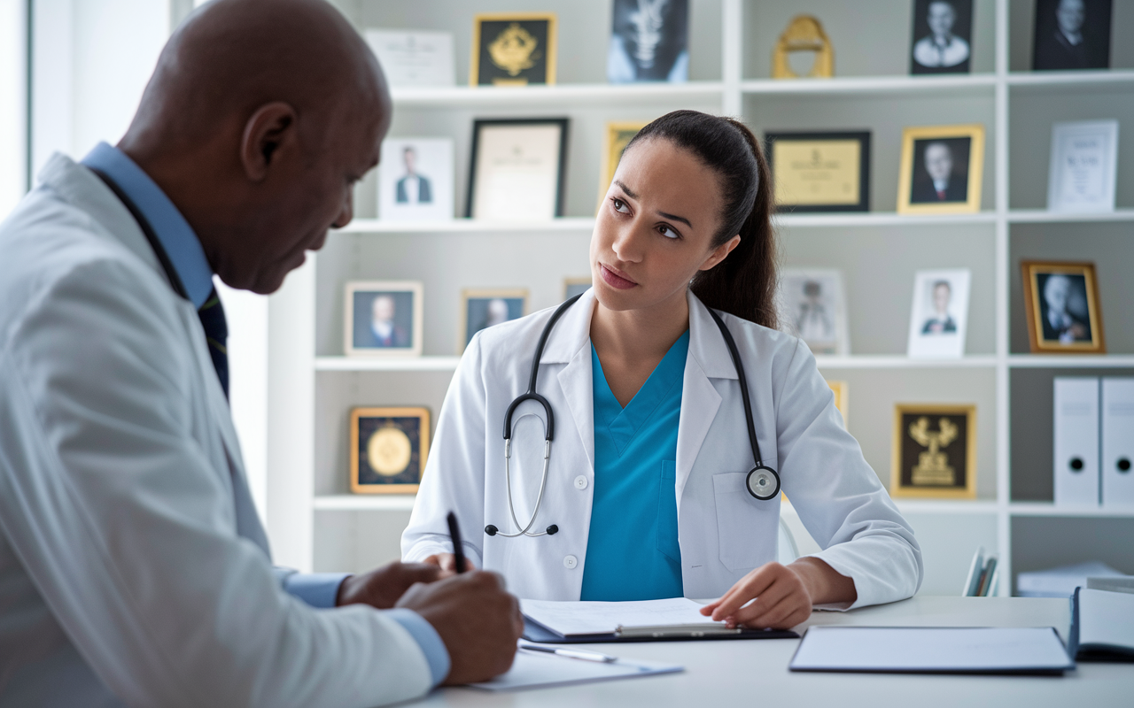 A scene capturing a medical student nervously approaching a mentor in a bright, welcoming office filled with medical awards and photographs. The student is asking for a letter of recommendation, looking eager yet apprehensive, while the mentor reviews a portfolio with a supportive expression. This moment showcases the importance of genuine encouragement and strong references.