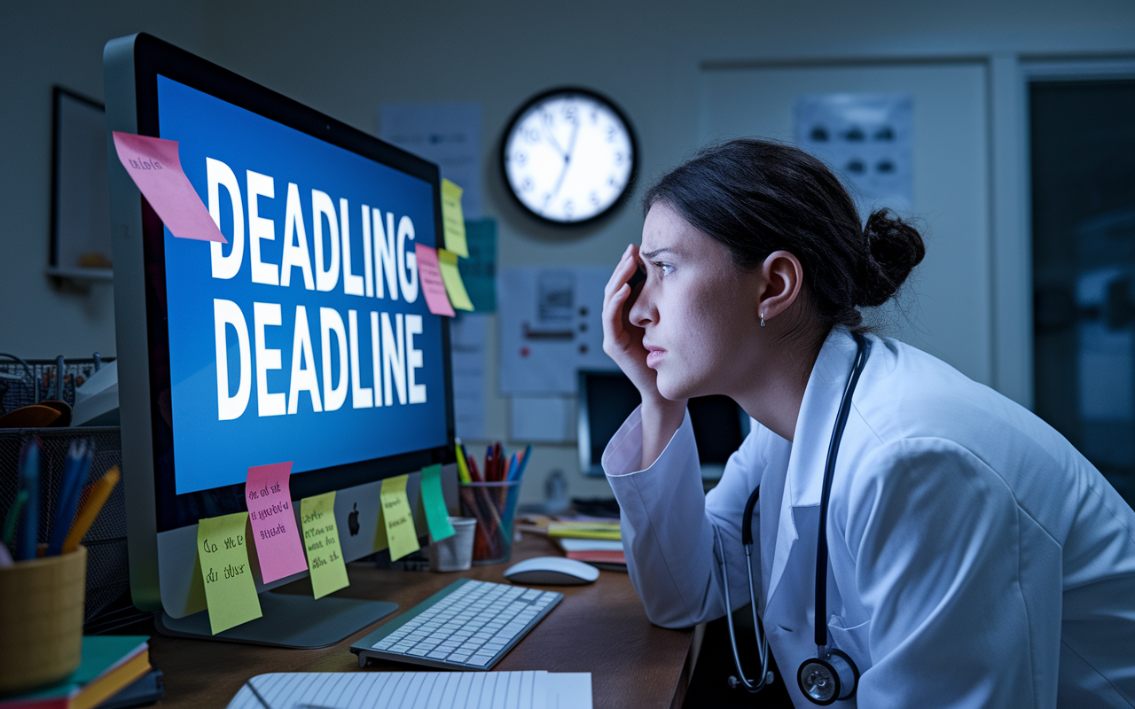 A tense scene showing a medical student glancing nervously at a computer with an approaching deadline on the screen. The room is cluttered with sticky notes and reminders about due dates, while a visible clock is ticking loudly. The student’s face shows a mixture of determination and stress, capturing the urgency of timely submissions.