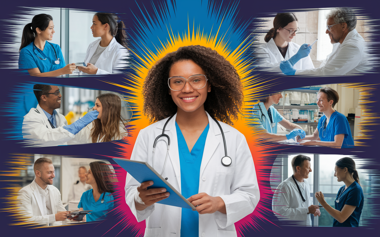 A vibrant collage of images showing a medical student engaged in various experiences: volunteering at a clinic, conducting research in a lab, and interacting with patients. The atmosphere is lively and filled with energy, highlighting the applicant's well-rounded journey and dedication to medicine.