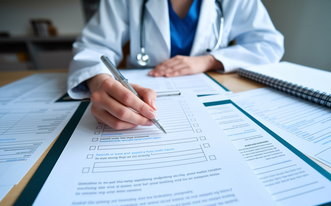 A focused scene of a medical student meticulously reviewing a residency application checklist. The desk is filled with printed guidelines and example applications. The student has a look of determination and seriousness, illustrating the importance of following the specific format and instructions for their application.