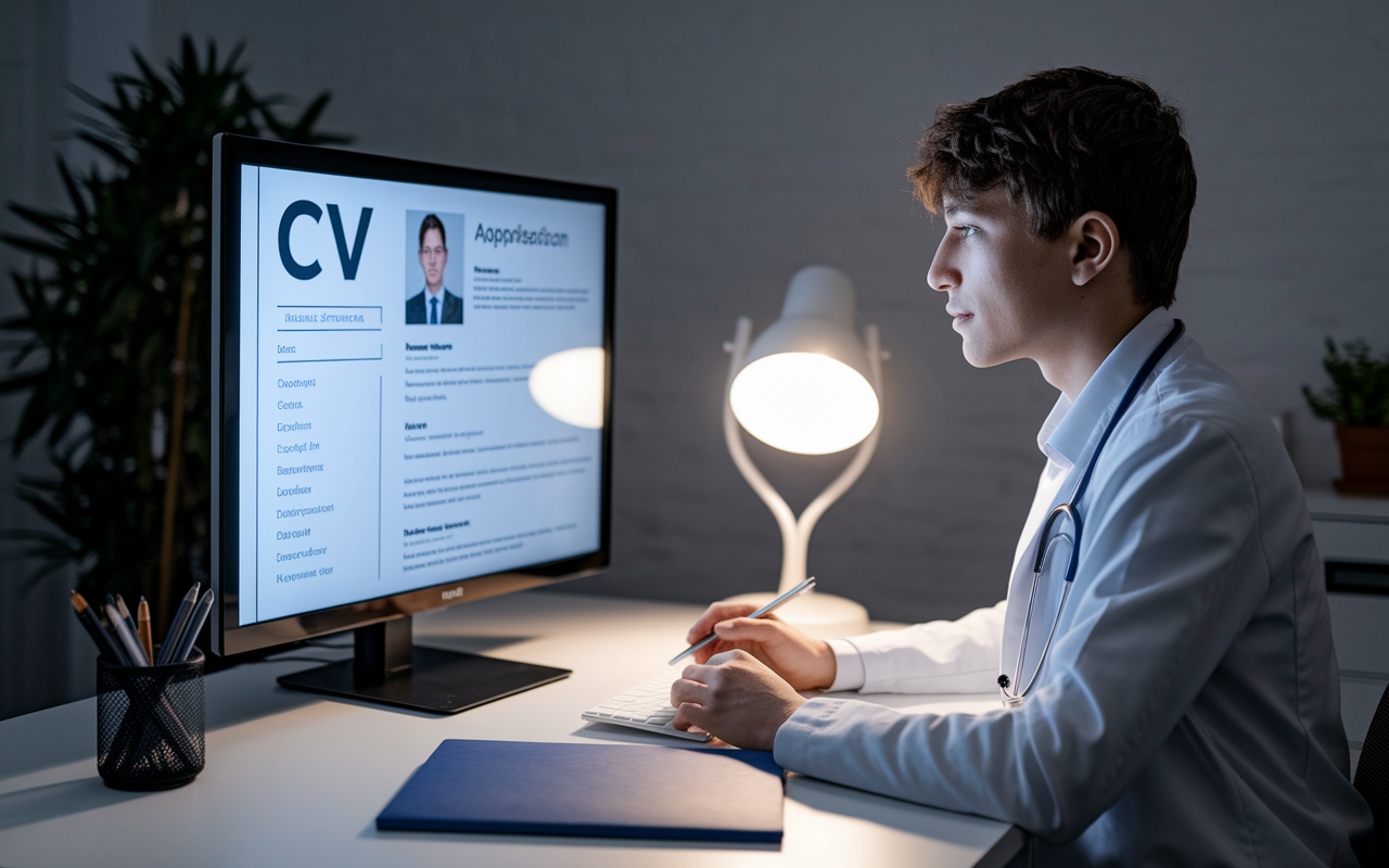 A medical student attentively working on their CV at a neatly organized desk, emphasizing professionalism. The CV is displayed on the screen, showcasing clear sections and a polished format. A glowing desk lamp and a plant in the background create an inviting yet serious atmosphere, illustrating the importance of presentation in application documents.