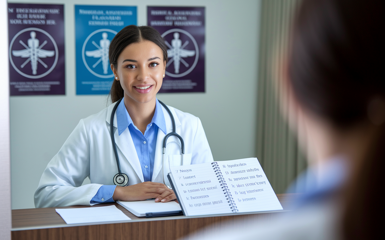 A confident medical student practicing for an interview in front of a mirror, dressed in professional attire. The room has posters of medical achievements in the background, with a notepad open filled with potential questions and key talking points. The atmosphere conveys focus and readiness for the challenges of the interview process.