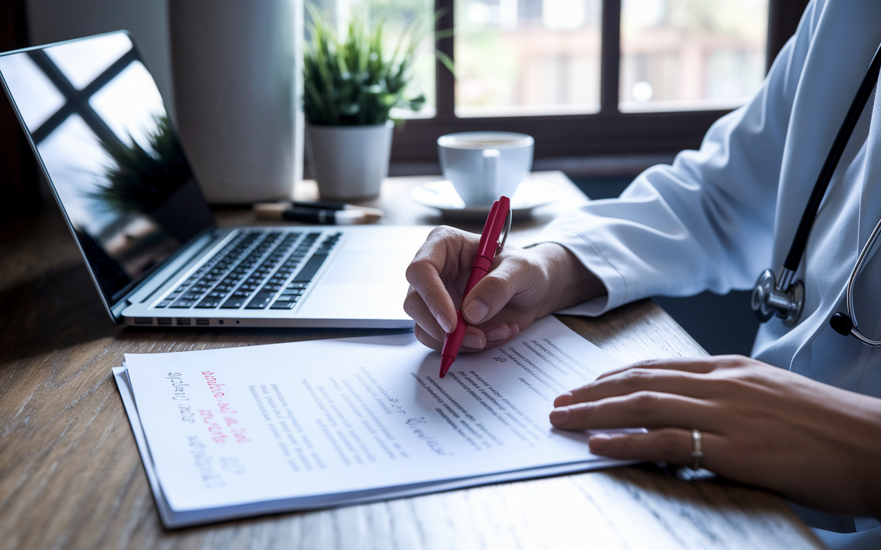 A meticulous scene of a medical grad reviewing their application papers in a cozy study, with a red pen in hand and comments scribbled everywhere. A glowing laptop sits open, ready for edits, and a cup of coffee waits nearby. Natural light streams through a window, creating an inviting yet serious environment, stressing the importance of careful proofreading.