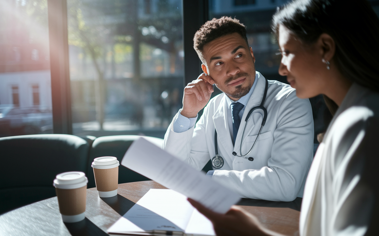 A medical graduate in a cozy café discussing their residency application with a mentor, with focus on their faces that display thoughtful expressions. They have coffee cups in front of them, and the mentor is looking at a printed CV while offering advice. Sunlight streams through the window, casting soft shadows, creating an atmosphere of collaboration and support.