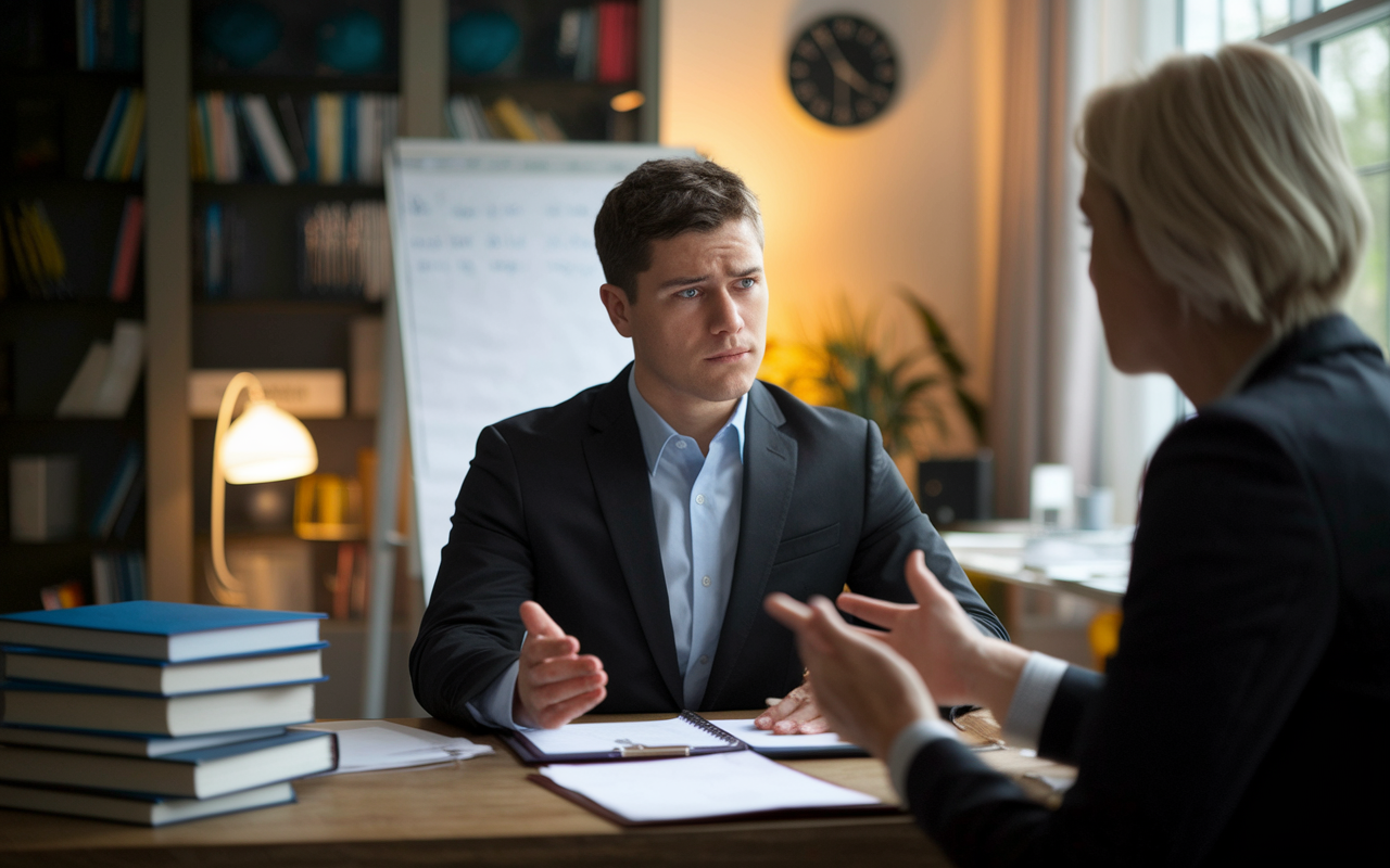 A focused medical student practicing for an interview with a mentor in a well-lit study room, filled with medical books and a whiteboard. The student is dressed formally, visibly nervous but engaged, while the mentor poses challenging questions. The setting is warmly lit, fostering a supportive environment, and a clock in the background shows time ticking, adding to the theme of preparation.