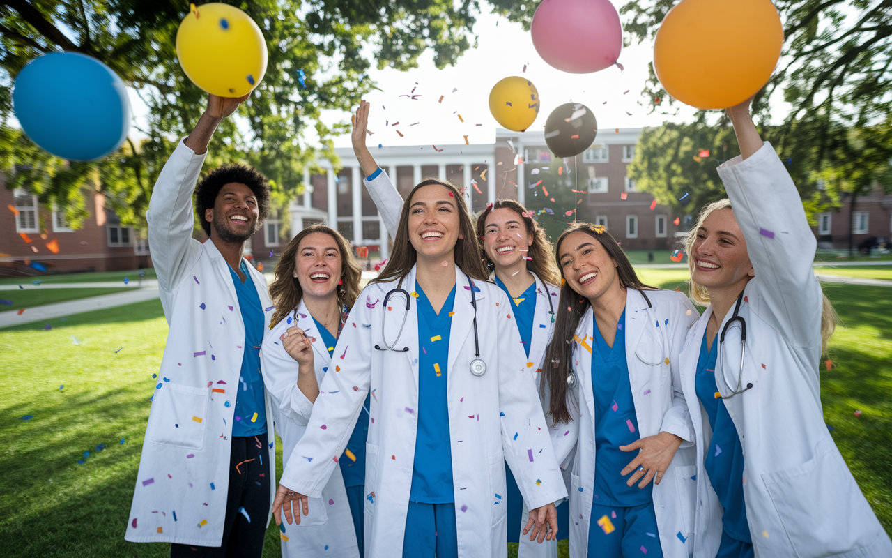 A triumphant medical graduate joyfully celebrating with friends outdoors after receiving news of a successful residency match, surrounded by colorful balloons and confetti. Their happy expressions capture relief and excitement, while a backdrop of a university campus signifies the culmination of years of hard work. The setting sun casts a warm glow, enhancing the moment's celebratory atmosphere.