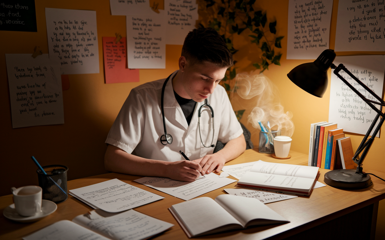 A focused medical student, deep in thought at a cozy writing nook, surrounded by motivational posters and a steaming cup of coffee, diligently crafting their personal statement. The scene is warmly lit by a desk lamp, casting soft shadows and creating an intimate atmosphere. The desk is covered with handwritten drafts, sketches of ideas, and open books on personal growth, illustrating the personal journey and dedication behind the application.