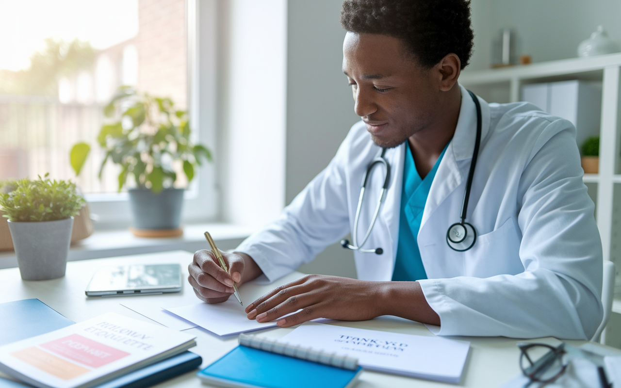 A relieved medical student composing a personalized thank-you email after a residency interview, with notes and a guide on follow-up etiquette on the desk. The setting is bright and cheerful, with an uplifting atmosphere conveying professionalism and gratitude. The student looks thoughtful and appreciative, ready to build connections post-interview.