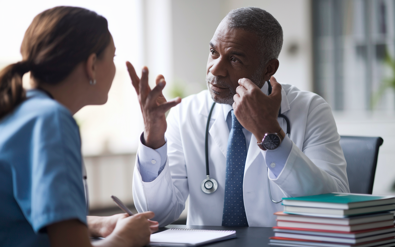 An intense conversation between a medical student and a mentor in an office setting, where the student is seeking advice on selecting recommenders for their residency application. The mentor, an experienced physician, is gesturing thoughtfully, with a notepad and pen in hand. The atmosphere is encouraging, filled with a sense of guidance and support, emphasized by a stack of medical journals on the desk.