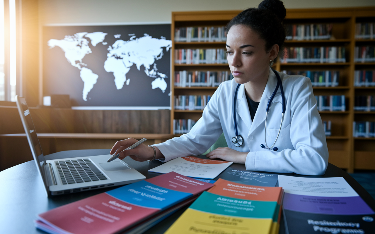 A determined medical student seated in a library, surrounded by colorful brochures and open websites on a laptop about various residency programs. The student has a focused look, highlighting values and mission statements from different programs. Sunlight streams through the window, illuminating a world map on the wall, symbolizing the expansive options and choices to consider in finding the right fit.