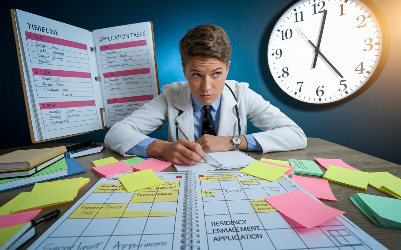 A chaotic scene depicting a medical student working at a desk filled with sticky notes, a large planner open to a timeline for application tasks, and a clock ticking loudly in the background. The student looks stressed but determined, with a determined expression as they organize their notes. The lighting is bright, emphasizing the urgency of deadlines and time management during the residency application process.