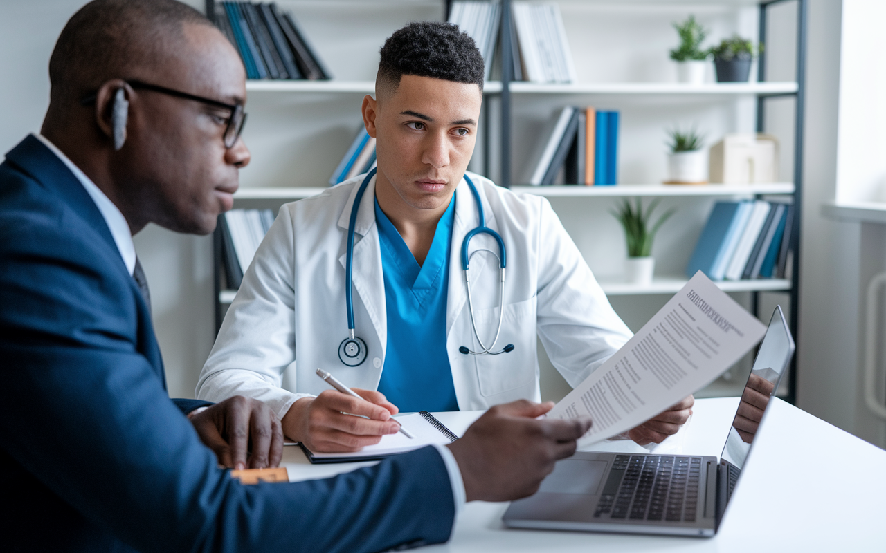 An image capturing a professional CV review session, with a mentor examining a CV on a laptop while pointing out formatting issues to a medical student. The student looks attentive and engaged, taking notes on a notepad. The setting is a bright office space, with books and resources about resume writing in the background, emphasizing the importance of presentation in the residency application.