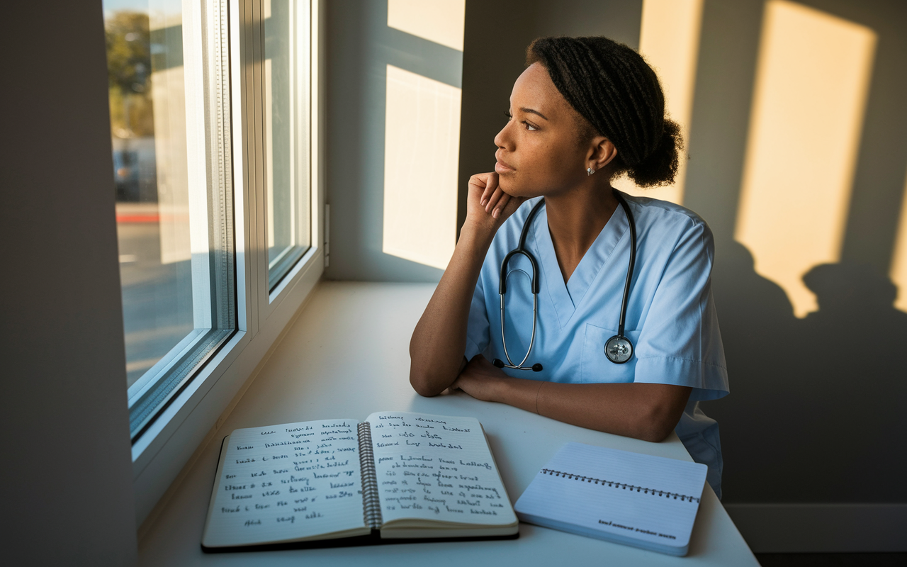 A contemplative medical student gazing out the window with a thoughtful expression, surrounded by a notebook filled with reflections on past experiences and lessons learned in medicine. The soft afternoon light enhances the meditative atmosphere, with shadows playing along the walls. The setting symbolizes the journey of self-discovery and growth crucial for a compelling residency application.