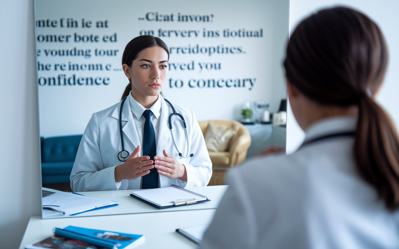 A focused medical student in formal attire, practicing interview questions in front of a mirror, a notepad filled with potential responses and program research scattered on the table nearby. The room is bright, with motivational quotes on the walls encouraging the development of confidence. The image conveys the intensity and preparation required for interviews amidst the residency application process.