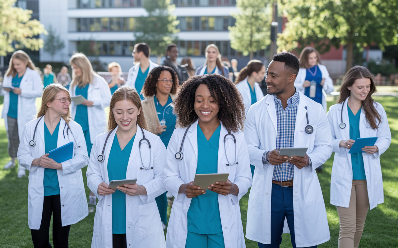 A diverse group of medical students engaging in various extracurricular activities, like community service, research discussions, and teamwork exercises, symbolizing a balanced approach to their residency applications. The background shows a vibrant campus with students collaborating and enjoying their experiences, capturing the essence of well-roundedness valued in residency applications.