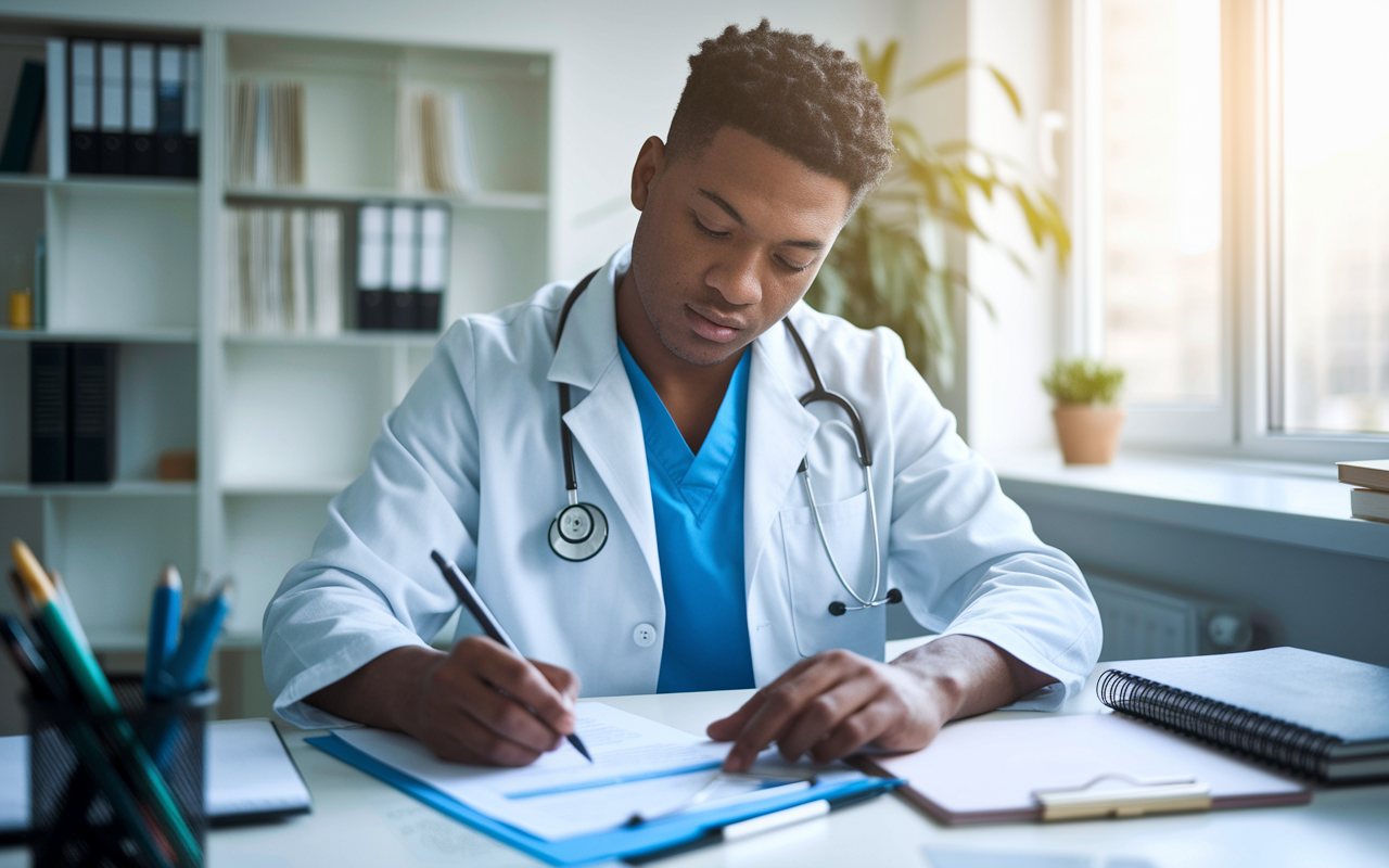 An earnest medical student sitting at a desk, thoughtfully drafting a response for a residency application addressing potential red flags concerning their academic past, surrounded by supportive resources and guidance materials. Soft light filters in from the window, suggesting transparency and openness in their personal statement or interview approach. The scene conveys a learning moment and resilience.