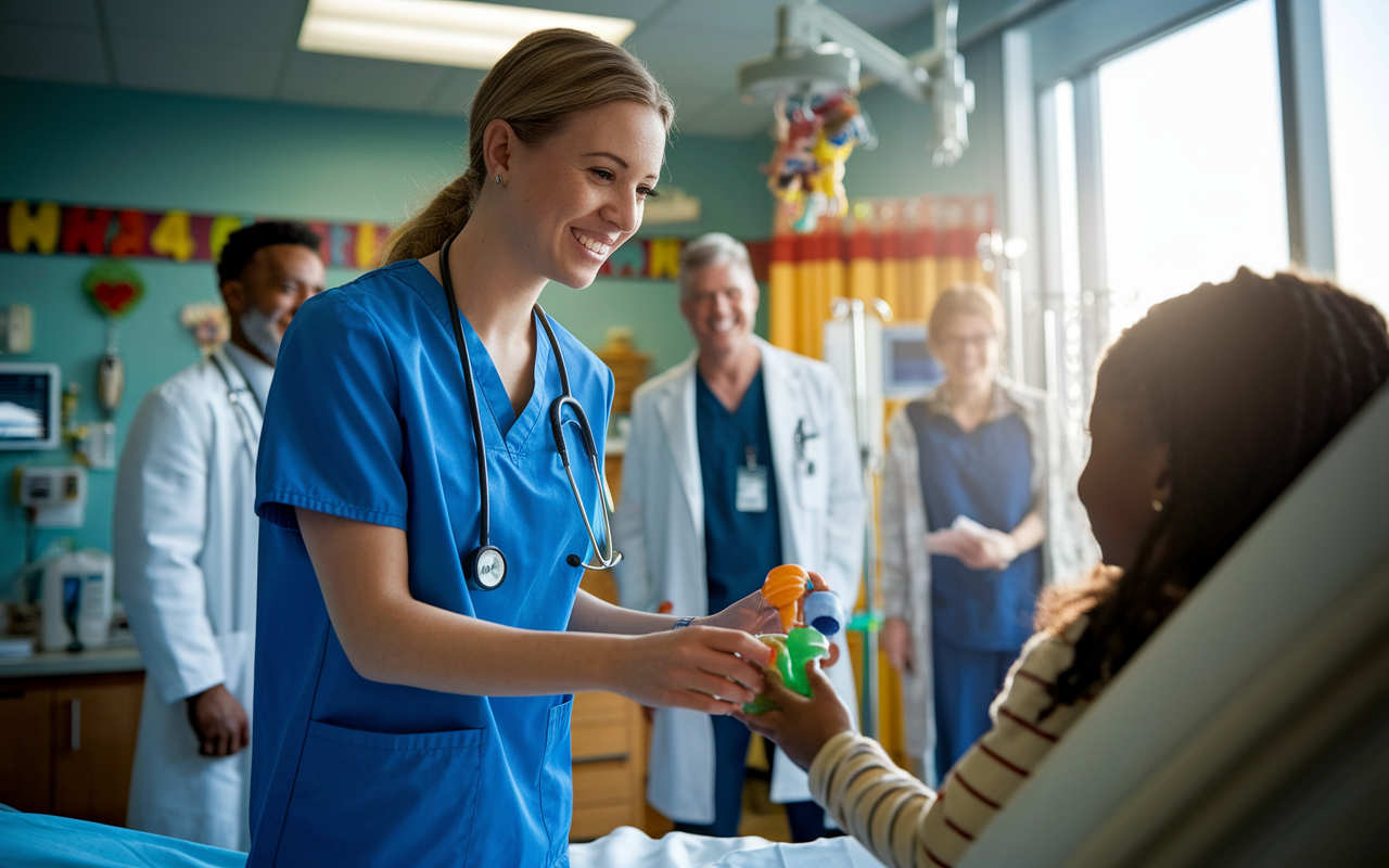 A heartwarming scene featuring Sarah, a pre-med student in scrubs, engaging with a young patient in a cheerful hospital room. Sarah is smiling, demonstrating compassion and care as she hands a toy to the child, brightening their day. The room is filled with colorful decorations and medical equipment, evoking a sense of warmth and positivity. The influential doctors and mentors are vaguely visible in the background, emphasizing Sarah’s journey and the connections that inspire her. The soft morning sunlight filters in through the window, creating a bright and hopeful atmosphere.