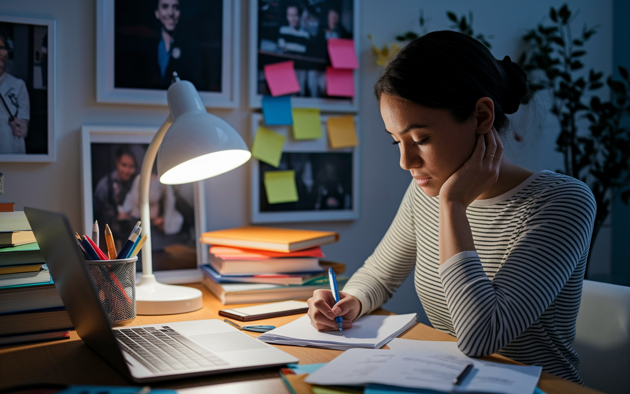 A thoughtful pre-med student, sitting at a desk cluttered with notes, books, and a laptop, writing their personal statement for medical school applications. A warm lamp glows softly, illuminating her concentrated face, reflecting determination and passion. In the background, framed photos showcase past volunteering experiences, and colorful post-it notes highlight key points for her statement. The atmosphere inside the room is serene yet inspiring, capturing the essence of personal growth and commitment.