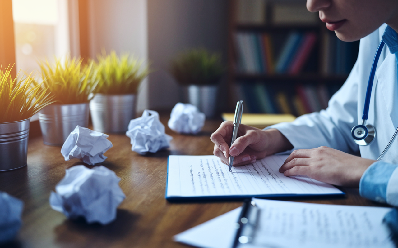 A close-up view of a medical student intensely focused on writing their personal statement for residency applications, with handwritten notes beside them. The room is bathed in warm, natural light from a nearby window, with a few potted plants in the background. Crumpled papers litter the desk symbolizing the hard work and revisions put into perfecting the statement.