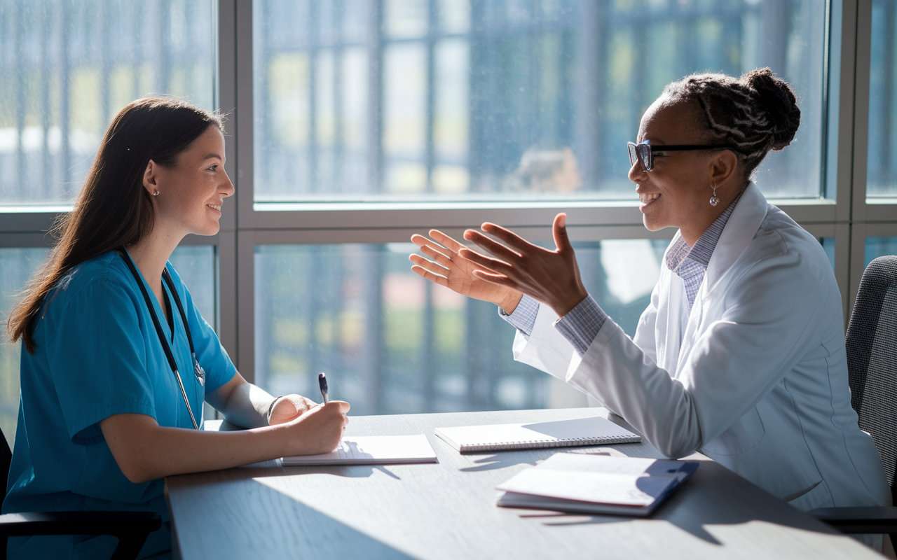 A bright, serene office setting where a medical student is meeting with a mentor to discuss letters of recommendation. Both are engaged in a thoughtful conversation, with the student taking notes while the mentor gestures expressively, emphasizing guidance and support. Sunlight streams through the window, casting soft shadows on the ground.