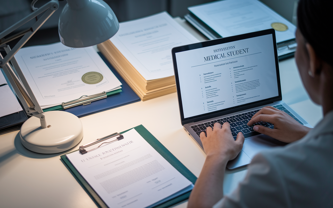 An organized workspace with a medical student finely tuning their CV on a sleek laptop. The screen displays a clean, formatted CV while various certificates and awards are neatly arranged on the desk, showcasing academic excellence. A desk lamp casts a soft glow over the documents, suggesting focus and professionalism.